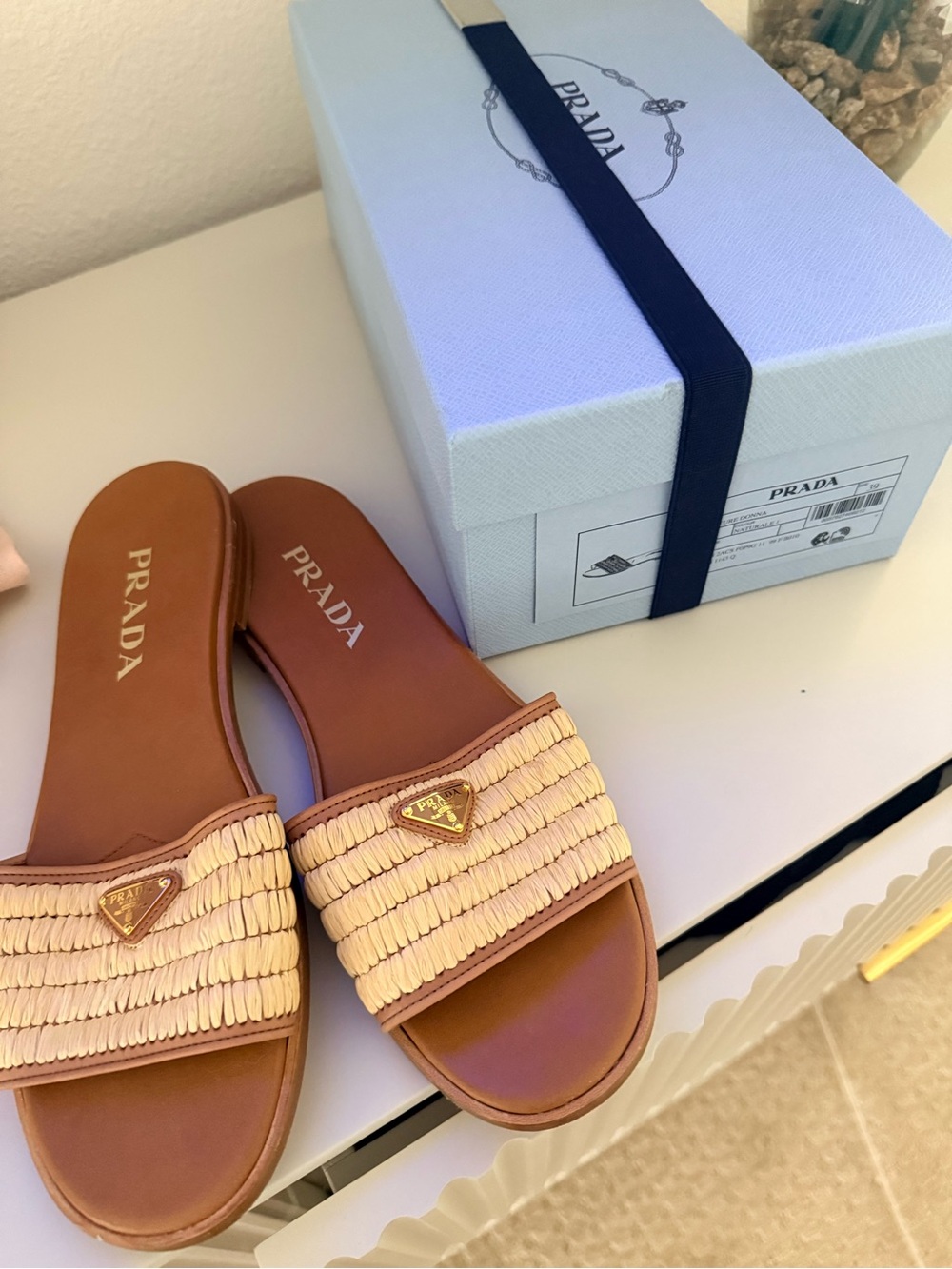 Prada Tan Leather Slide Sandals with Cream Raffia Straps